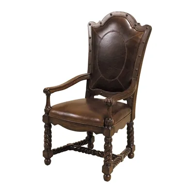 Hand Carved Dark Antique Lido Finished Armchair, Brompton Brown Leather, Oval Pattern