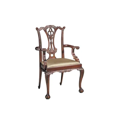 Carved Polished Mahogany Finished Chippendale Armchair, Cabriole Leg, Neutral Uph