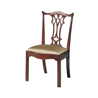 Carved Polished Mahogany Finish Chippendale Straight Leg Side Chair, Neutral Uph
