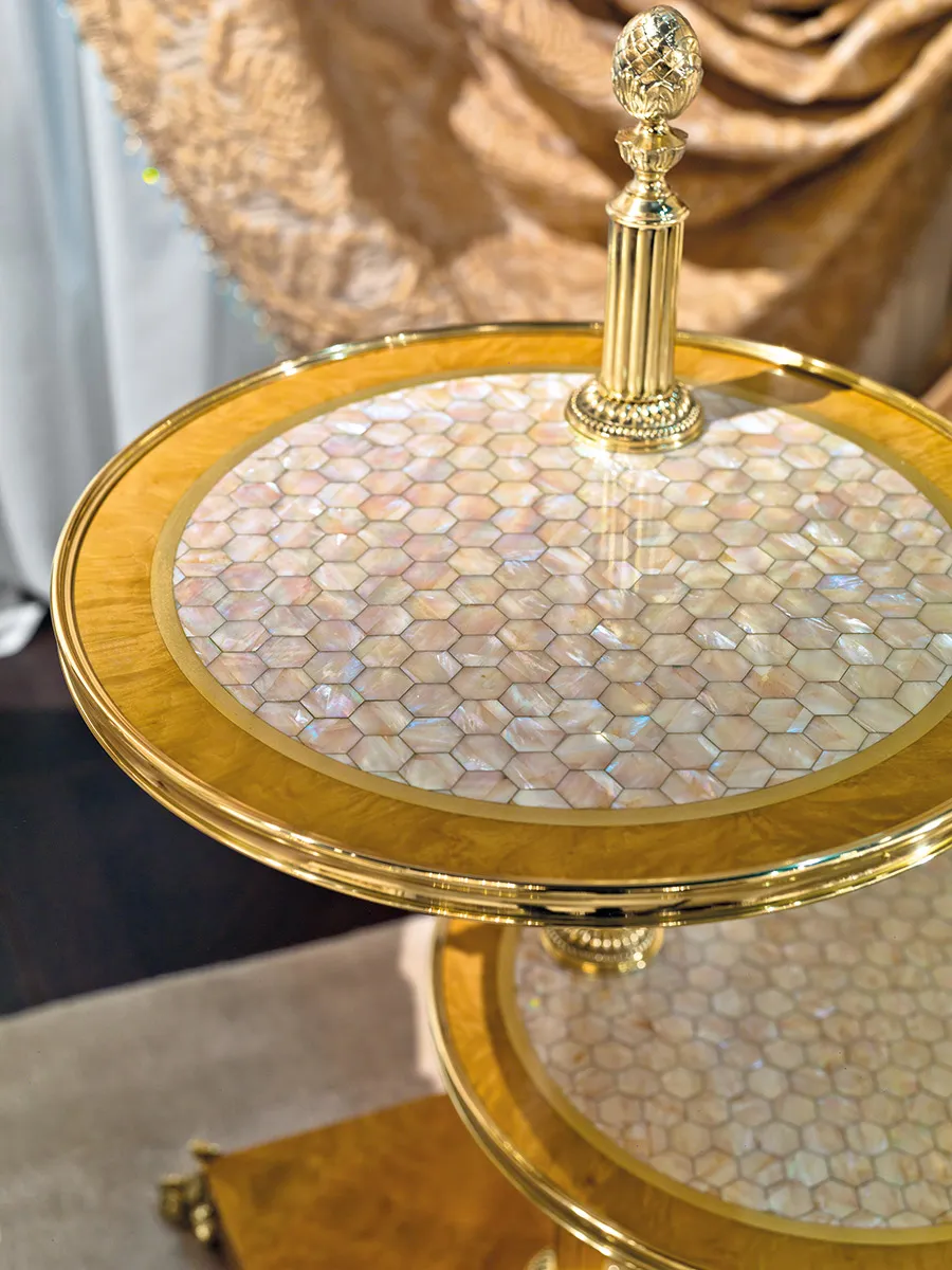 Burl mother of pearl sidetable.