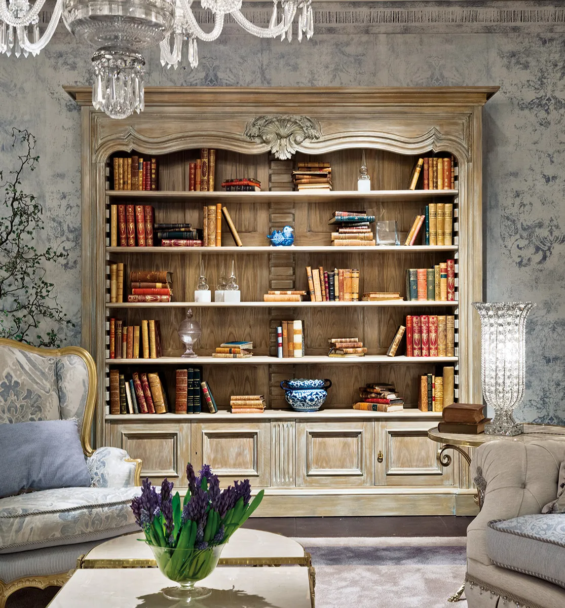 Hand carved silver console with marble top