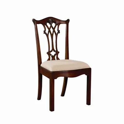 Carved Aged Regency Finished Mahogany Chippendale Straight Leg Side Chair, Caramel Fabric