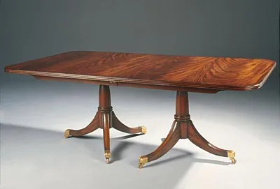 Regency Finished Mahogany Double Pedestal Dining Table, Brass Casters, Two 20