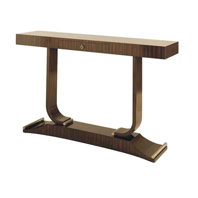 French Polish Ebony Zebrano Veneer Console Table, Brushed Satina Brass Accents