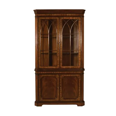 Aged Regency Mahogany Finished Corner Cabinet, Crotch Veneer, Regency Brass, Cabinet Base