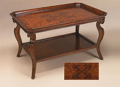 Etched Dark Burnished Laurel Burl Veneer Cocktail Table with Lower Shelf, Cabriole Leg