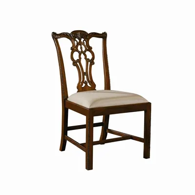 Carved Regency Mahogany Finish Chippendale Straight Leg Side Chair, Neutral Upholstery