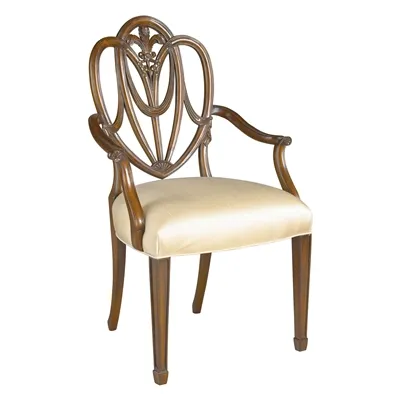 Carved Polished Mahogany Heart Shaped Shield Back Armchair, Oyster Silk Uph