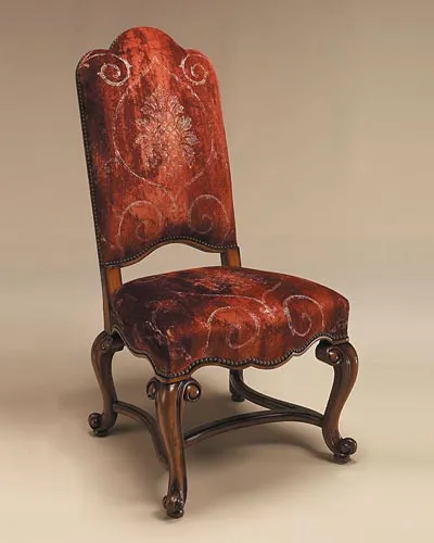 Hand Carved Frontier Finished Side Chair, Rust Patterned Velvet Upholstery