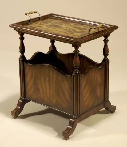 Aged Regency Mahogany Finished Magazine Rack Tray Table, Faux Tortoise Shell Top