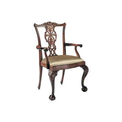 Carved Polished Mahogany Finish Chippendale Armchair, Cabriole Leg, Neutral Uph