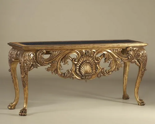 Carved Light Tone Finished Console Table, Golden Galaxy Stone Top