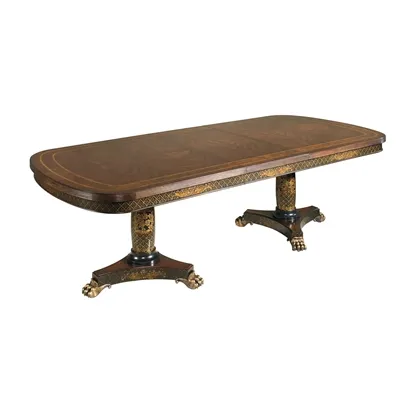 Antique Mahogany Finished Veneer Dining Table, Black and Gold Chinoiserie Painting