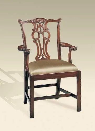 Carved Polished Mahogany Finish Chippendale Straight Leg Armchair, Neutral Uph