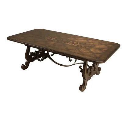 Dark Antique Lido Finished Plank Top Dining Table, Mahogany Marquetry Veneer Top